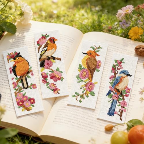 ORIGACH 6 Set Wild Bird Blossom Cross Stitch Bookmark Kit for Beginner - style: Bird & Flowers