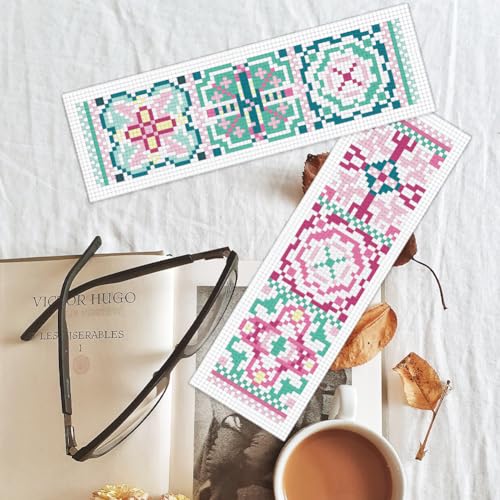 BEUNITONE Cross Stitch Bookmark Kits 6 Pcs Variegated Flowers DIY Bookmarks Cross Stitch Set for Adults Beginners Hand Embroidery Set Traditional Decorative Patterns Craft Kits for Gifts 8''x2.4'' - style: Ceramic Tile Pattern
