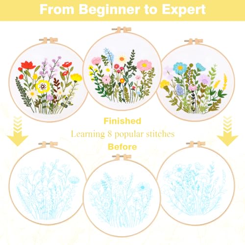 RidaaFri Embroidery Kit for Beginners, Set of 3 Flower Pattern Practice Kit