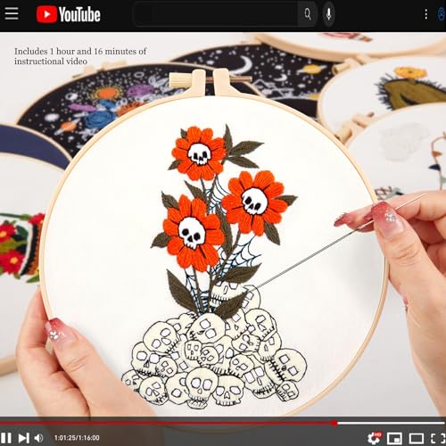 Crafmanoe Halloween Embroidery Starter Kit for Beginners Adults, Skull Flowers Stamped Cross Stitch Kits for Beginners Adults, Gothic Hand Embroidery Needlepoint Kits, Hoops, Fabric and Video Tutorial - color: H868