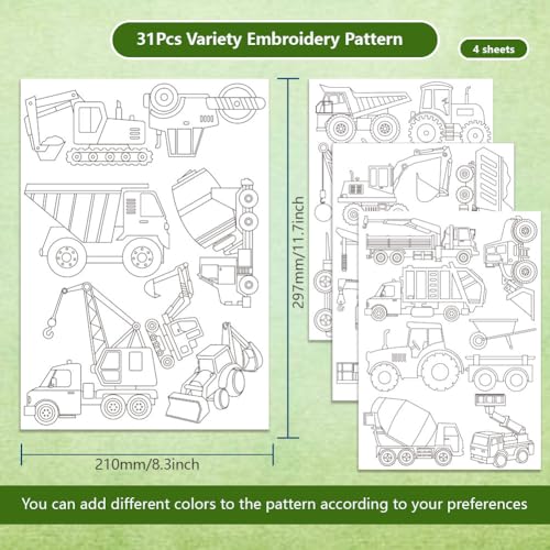 BENECREAT 4Sheets 31Pcs Water Soluble Embroidery, 11.7x8.3inch Engineering Vehicle Pattern Transfers Water Soluble Stabilizer for Embroidery Stick and Stitch Embroidery Designs - style: Engineering Vehicle