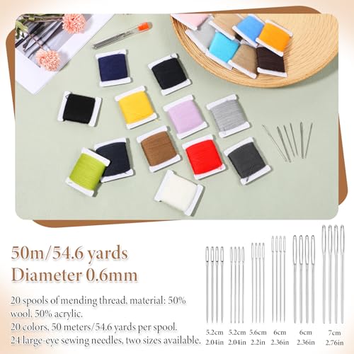 20 Pcs Darning Yarn, 50% Wool 50% Acrylic Darning Thread, 1000m Wool Blend Embroidery Thread with 24 Pcs Sewing Needles for Embroidery, DIY Sewing Care, Machine Sewings, 50 Meters Per Yarn (20 Colors)