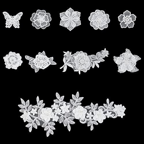 NBEADS 10 Pcs White Mix Style Embroidery Lace Flower Patches Appliques DIY Sewing Craft for Decoration, Sew On Patches for Repairing and Decorating Clothing, Bags - color: White 10pcs