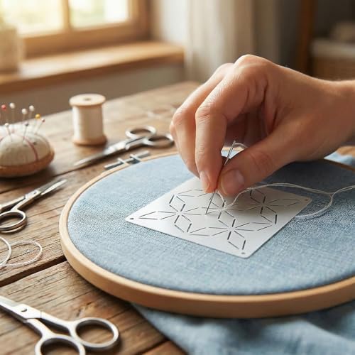 70 Pcs Sashiko Stencil Kit Plastic Sashiko Embroidery with Threads