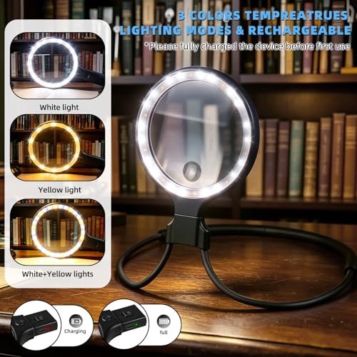 Dilzekui 5X&10X Neck Handheld 2-in-1 Magnifying Glass for Reading w/Light - color: Black