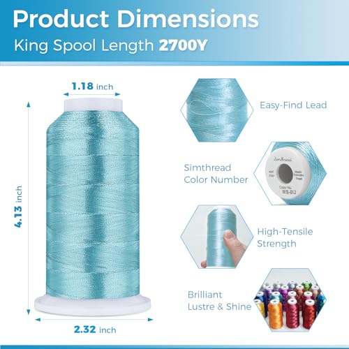 Simthread 2700 Yards Metallic Embroidery Machine Thread - Aquamarine MS-012, 40wt High-Sheen King Spool, Smooth Running & Break Resistant for Commercial & Home Embroidery Machines - color: Aquamarine MS-012