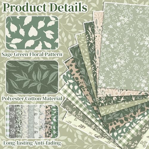 Hahafelt 10 Pcs 18"x22" Sage Green Fat Quarters Quliting Fabric Bundle