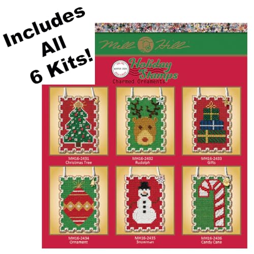 Holiday Stamps Charmed Ornament Beaded Cross Stitch Kits, Set of 6 - Mill Hill Ornament Kits 2024 - Plus Decorative 'Needleworker' Sticker