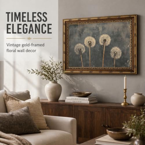 DNEJZKI Vintage Gold Frame Dandelion Wall Art Rustic Farmhouse Flower Botanical Wall Decor Retro Floral Landscape Painting Picture Cottagecore Plant Canvas Prints for Living Room Bedroom Office Decor - color: Dandelion, size: 24"L x 16"W
