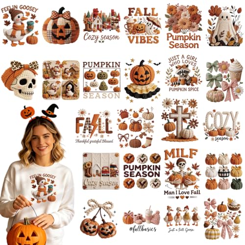 Dazoratix Fall Iron on Transfers - 24 Sheets Pumpkin Cozy Season DTF Ready to Press Cute Ghost Bow Heat Patches Autumn Thanksgiving Vinyl Stickers Decals for T Shirts Clothes Hoodies Pillow DIY Crafts - style: Fall Pumpkin