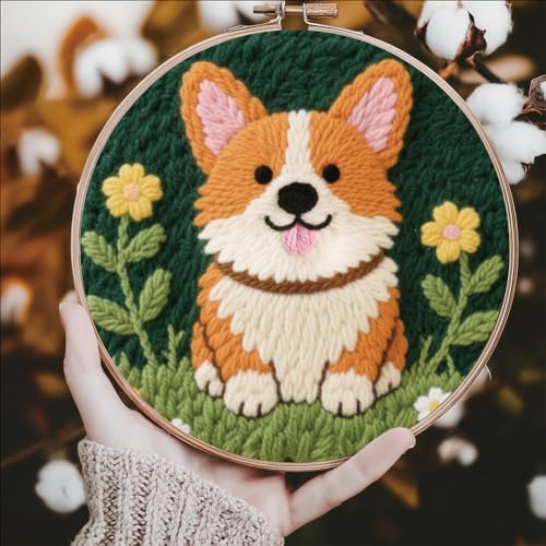 FREEBLOSS DIY Corgi Punch Needle Kit for Beginners Embroidery Punch Needle Starter Craft Set with Instructions Frame Embroidery Kit for Adults Gift Decoration 7.9''/20cm - color: Vibrant, varied colors
