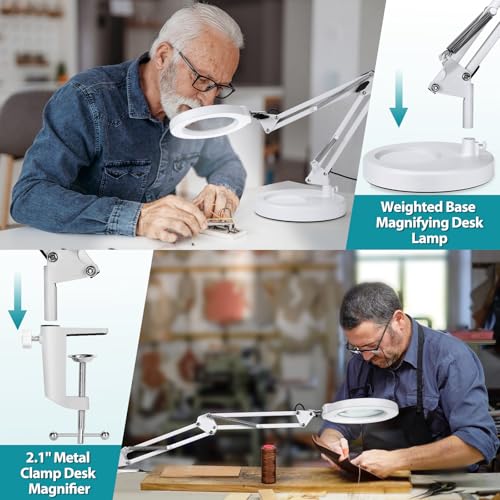 12X Magnifying Glass with Light and Stand, 2-in-1 Desk Lamp & Clamp Light, 5 Color Modes, Brightness Stepless Dimmable LED Lighted Magnifier Hands Free, Magnifier Lamp for Crafts - White - color: White, size: 12X 17.8inch Base & Clamp