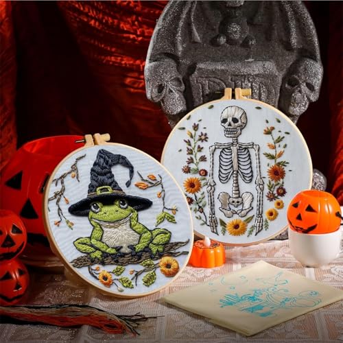 Floral Witch Hat Embroidery Kit Halloween Cross Stitch Material Set with Bat Skull Flower Pumpkin Patterns, DIY Hand Needlepoint Embroidery Craft Kit for Beginners Professional (Witchy Frog) - color: Witchy Frog
