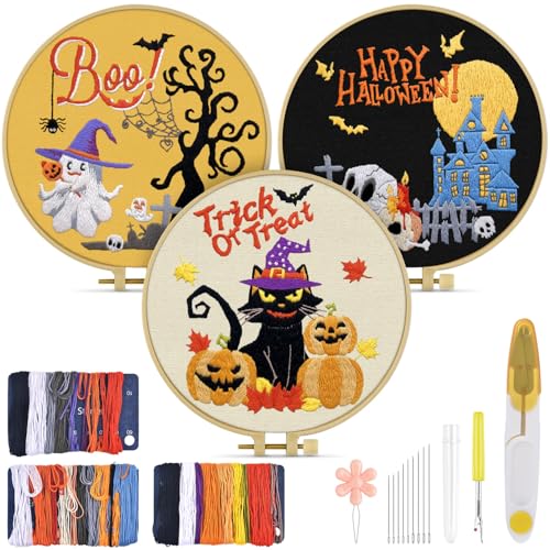 TINDTOP Halloween Embroidery Kit for Adult, Embroidery Stitch Practice kit - color: Halloween 3 Kits B