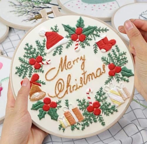 Huacan Embroidery Kits for Adults Beginner DIY Cross Stitch Stamped Christmas Pattern Stitching Wreath Sewing Kit 1 Piece 7.8 x 7.8 Inch - color: Christmas Wreath 1