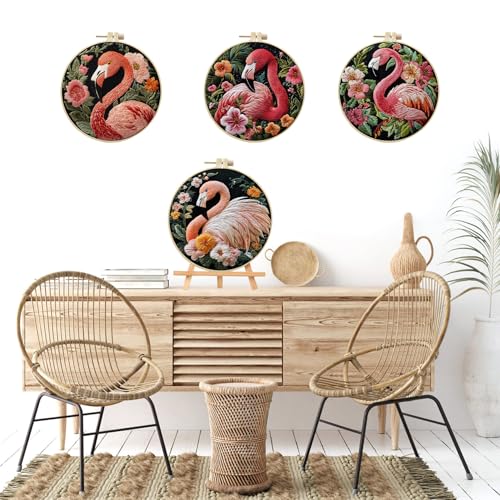 LB 4 Pack Pink Flamingo Embroidery Kit for Beginners Green Leaf Plant Beginner Embroidery Kit for Adults DIY Starter Kit with Embroidery Hoop Colorful Threads Tools Step by Step Instructions - color: Pink and Green