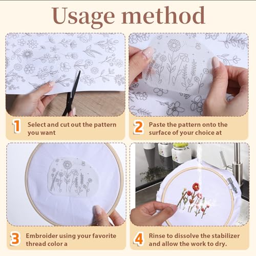 72PCS Water Soluble Embroidery Patterns, Stick and Stitch Paper