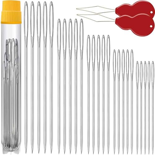 25Pcs Large Eye Sewing Needles with 2 Needle Threaders & Storage Tube