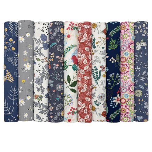 10Pcs Cotton Fabric Squares Bundles 25 x 25 cm Floral Patterns Printed Fabric Patchwork Craft Cloths for Sewing Quilting DIY Needlework Decoration Scrapbooking Handwork (Grey)