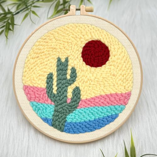 ERKOON Punch Needle Kit Adults Beginners, 2 Pcs DIY Easy Landscape Embroidery Set for Starter Art Craft, Needling Punching Project with Patterns, Tools, Yarns, Hoop, Instruction (Desert & Afterglow) - color: Desert & Afterglow