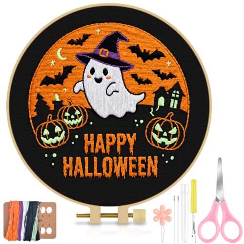 TINDTOP Halloween Embroidery Kit for Adult, Embroidery DIY Starter Kit, with Stamped Patterns, Hoop, Tools, Colorful Threads with Needles, Instructions (Halloween B) - color: Halloween B