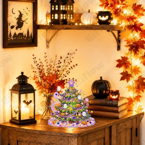 Eiflow Halloween Diamond Art Tabletop Kit for Adults Pumpkin, DIY Table Top Diamond Art Painting with Stand, Acrylic Stand Up Gem Painting Board Kit (Halloween Tree) - color: Halloween Tree