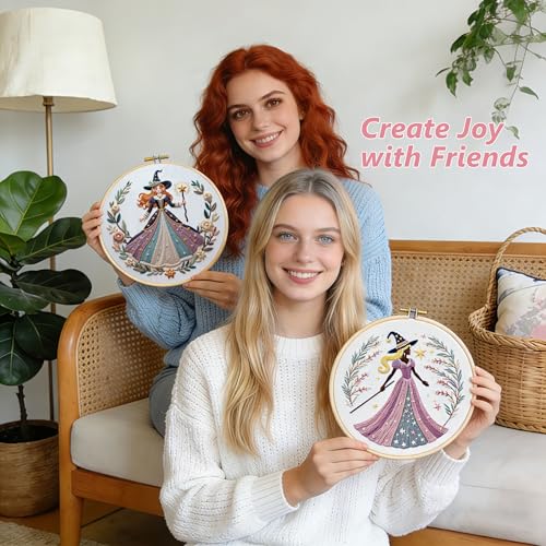 Embroidery Kit for Adults, Pre-Stamped Pattern Embroidery Kit for Beginners, Hand Needlepoint Starter Kit with Hoop Thread Needle Instruction, 7.9'' Hoop (Witch 3 Packs) - style: Witch 3 Packs
