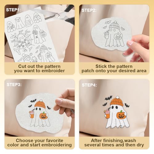 19Pcs Halloween Ghost Water Soluble Hand Sewing Stabilizers, 8.3"x11.7" Ghost Pumpkin Embroidery Pattern Stabilizer, 4 Sheets Flower Ghosts Stick and Stitch Embroidery Paper Sticker