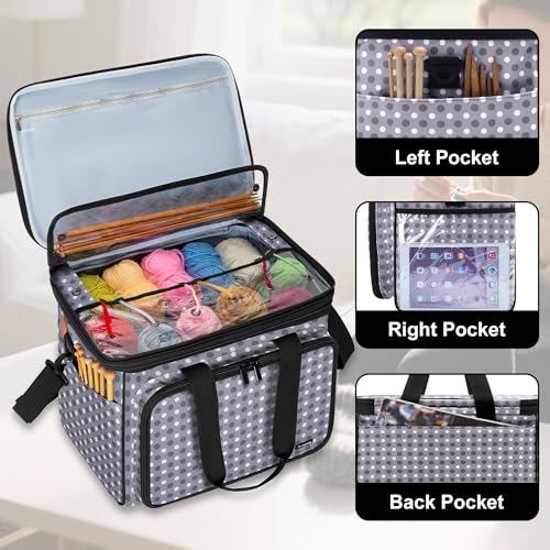 Teamoy Crochet Bag Knitting Bag Yarn Storage Tote, Yarn Organizer, Gray Dot - color: Gray Dots
