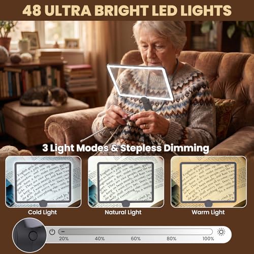 Neck Magnifying Glass with Light, 3-in-1 5X Magnification, 48 LEDs, Acrylic Lens, Adjustable Gooseneck, 3 Color Brightness Settings, Rechargeable, for Seniors Reading & Craft (Grey)