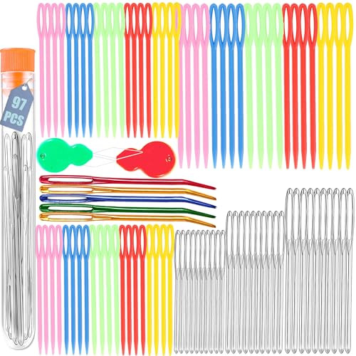 Yarn Needles Set 97 Pcs,Plastic Large-Eye Blunt Needles for Kids,Stainless Steel Yarn Knitting Needles,Crafting Knitting Weaving Stringing Needles,Sewing Needles with Threaders for Crocheting (97)