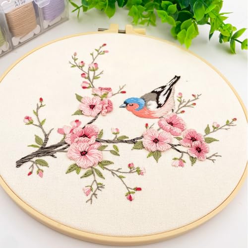 Silentsea Bird & Pink Blossoms Embroidery Kit – All-Inclusive DIY Cross Stitch Set with Pre-Printed Fabric, Threads, Needle, and Hoop for Adults – Perfect for Craft Lovers & Relaxation - color: Bird