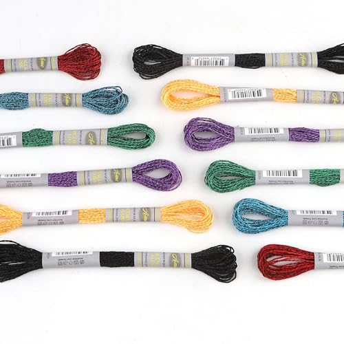 24 Skeins Set (6 Colors*4 Skeins) Metallic Embroidery Floss Glittery Metal Effect Shinny Cross Stitch Thread for Hand Embroidery, Sewing and DIY Handmade Artwork (Multicolored) - color: multicolored