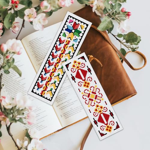 BEUNITONE Cross Stitch Bookmark Kits 6 Pcs Traditional Decorative Patterns Counted Cross Stitch Kit Hand Stamped Embroidery Kit for Beginners Floral Fabric Bookmark Making Kit DIY 8''x2.4'' - style: Pattern 2