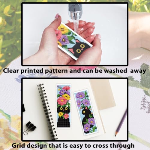 ACRNIGHEET 6PCS Cross Stitch Bookmark Kit for Beginner Stamped Cross Stitch Kits for Adults Cat & Floral DIY Tassel Embroidery Bookmark Kits Needlepoint Kit with Instructions Craft Gift 8.5''x3'' 11CT - style: Black Cat Floral with Tassel