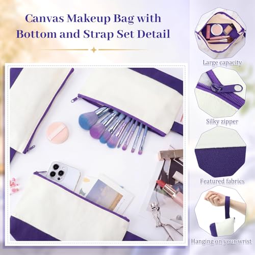 Silkfly 15 Pcs Cotton Canvas Makeup Bags Cosmetic Zipper Bags 10.2 x 5.5 x 2'' Blank DIY Pouch Bulk Pencil Case with Bottom Travel Toiletry Pouch for Women Craft Decor Gift (Beige and Purple) - color: Beige and Purple