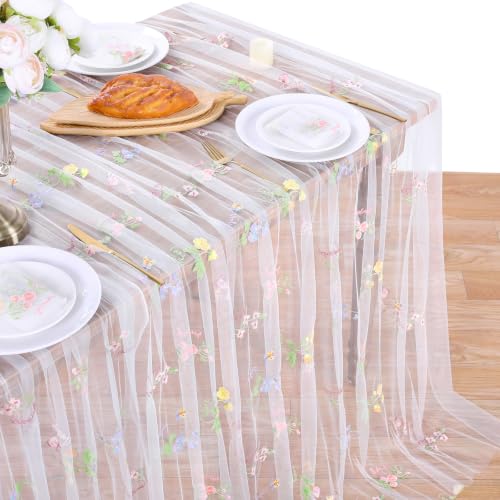 White Floral Table Runner Gauze Embroidery Table Cloths Flower 10ft Tulle - color: White, size: 60"x120",1pc