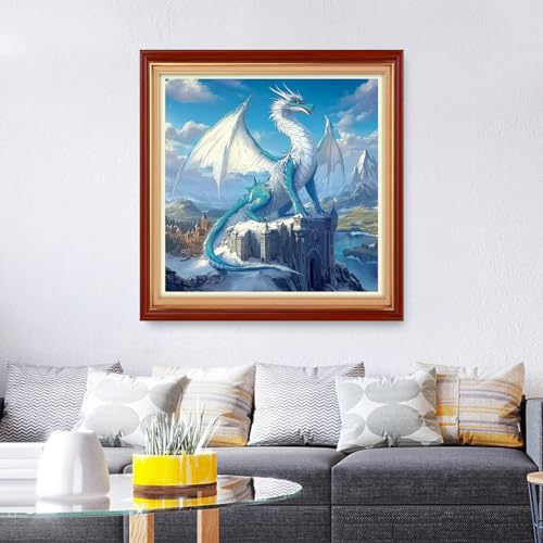 Foxhool Stamped Cross Stitch Kits,11CT Printed Cross Stitch Pattern Full Embroidery Kits for Beginner Needlepoint Kits&Blue Wing Dragon Landscape 18x18 inch - color: ColorSet10