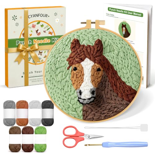 CYANFOUR Punch Needle Kit for Beginners, Horse Punch Needle Kits Adults, Craft Kits for Adults with 2 Pre-Printed Fabrics, Embroidery Hoop, Threads, DIY Gift and Home Decor 20 * 20cm - color: Horse
