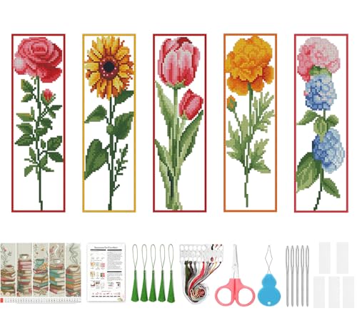 VIGEGU 5 Pack Flower Cross Stitch Bookmark Kits for Adult Beginners - color: Flower Cross Stitch Bookmark