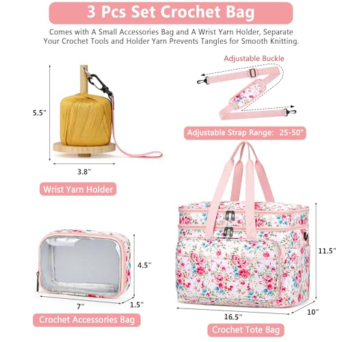 Crochet Organizer Bag with Yarn Holder, Large Yarn Storage for Accessories - color: Pink