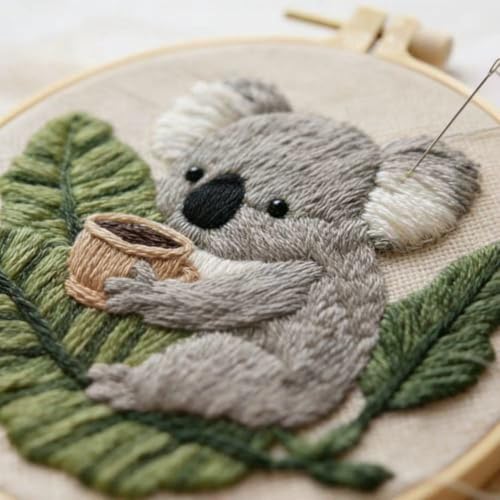 HCANPER Cute Koala Embroidery Starter Kit,DIY Needle Punch Kit, Punch Needle Kits for Beginners,Include Pre-Printed Fabric,Tools,Embroidery Hoop,Threads. (Coffee) - color: Coffee