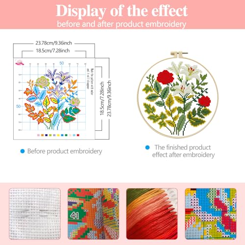 Zhenqing Rose and Lily Cross Stitch Kit for Beginners - 11CT 24x24cm Pre-Printed Pattern with Embroidery Hoop, Threads & Tools, Floral Design(70519) - color: Rose and Lily