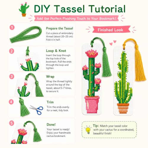 Zhenqing Cactus Stamped Cross Stitch Bookmark Kit, 6 Botanical Plant Designs on 11CT Fabric for Beginners, Book Lover Gift - color: Cactus Botanical Bookmark