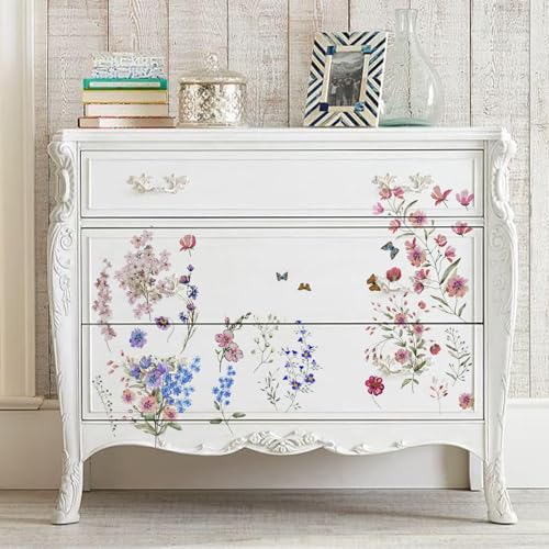 Vintage Floral Rub on Transfer for Furniture Large Flower UV DTF Transfer Sticker for Wood Glass Home Decor, Summer Wild Flowers Butterfly - style: Summer Wild Flowers Butterfly