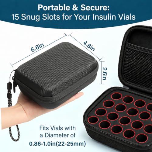Peptide Case for Fridge, 15 Slots Insulin Vial Fridge Protector Holder Storage Case for Diabetics Standard 3ml 5ml 10ml Insulin Vial Organizer Bag Insulin Carrying Case with Wrist Strap - color: Black-15 Slot