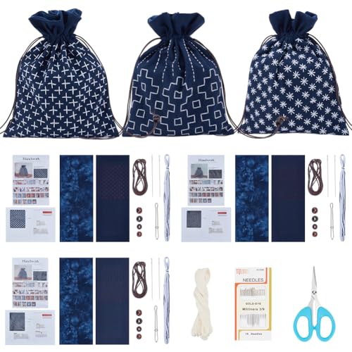 INFUNLY 3 Set Sashiko Drawstring Bag Kit DIY Sashiko Embroidery Bag Set with Printed Fabric Sewing Handbag Kits Embroidery Starter Kit Needlepoint Sewing Bags with Instruction for Beginner Adult - style: Printed design