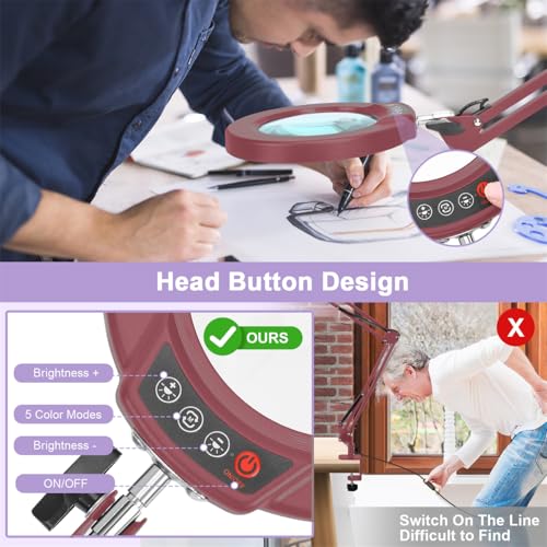 12X Magnifying Glass with Light and Clamp, Real Glass Lens Lighted Magnifier with Stand, 5 Color Modes LED Dimmable Magnifying Desk Lamp Hands Free for Crafts Painting Sewing Close Work - Red - color: Red, size: 12X 17.8inch Clamp