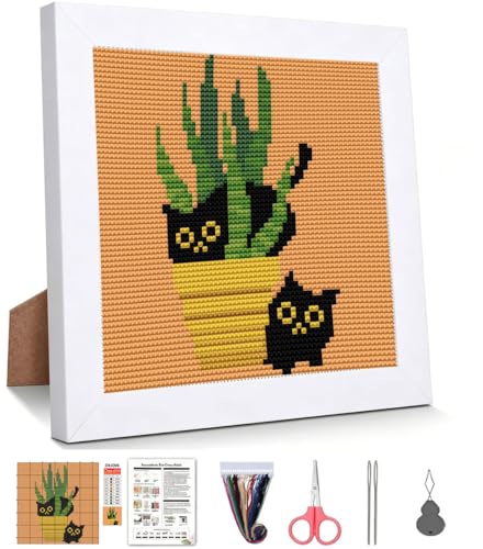Black Cat Stamped Cross Stitch Kits for Beginners Adults with Framed - color: DKJ006