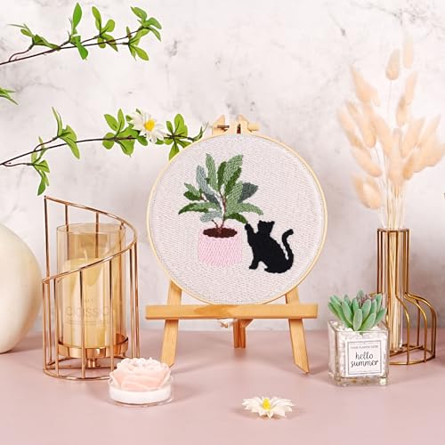 KESTAR Punch Needle Embroidery Starter Kits, Black Cat Flower Punch Needle Kits for Adults Beginner, Needle Punch Kit Tool with Instruction Threader Fabric Yarns and Hoop - color: Black Cat